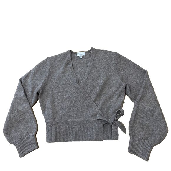 Los Angeles Atelier Wool Wrap Sweater Womens XS Brown Gray Balloon Sleeve V Neck - Picture 1 of 16